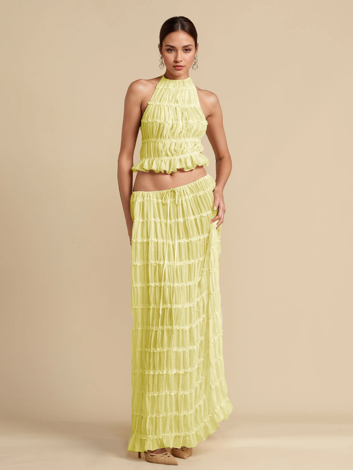 Textured Halter Neck Crop Top And Long Skirt 2 Piece Co-ord Set For Beach 2026