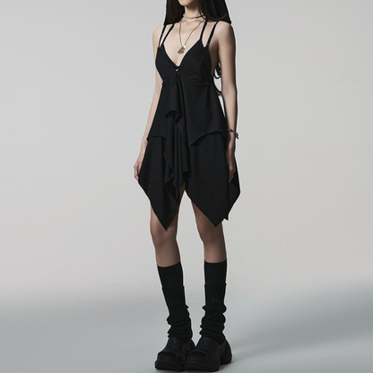 Irregular deep V neck backless cami mini dress