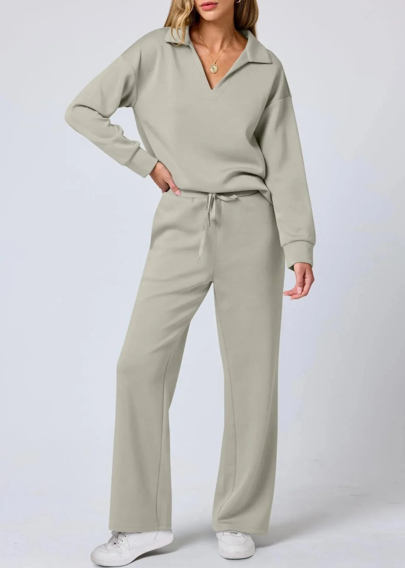 Relaxed Collar Pullover & Wide-Leg Pants Set