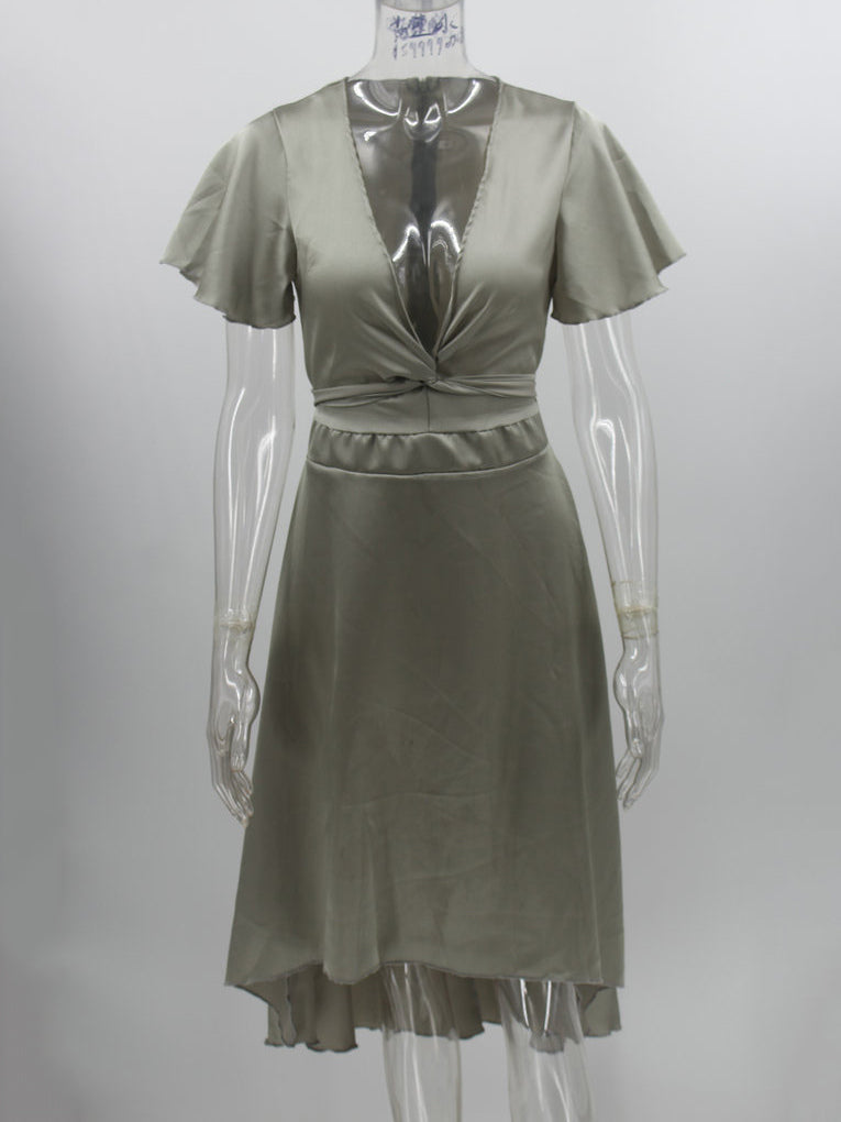 Short Sleeves Midi Dresses V-Neck Knotted High Low Design
