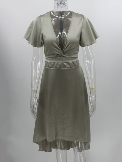 Short Sleeves Midi Dresses V-Neck Knotted High Low Design