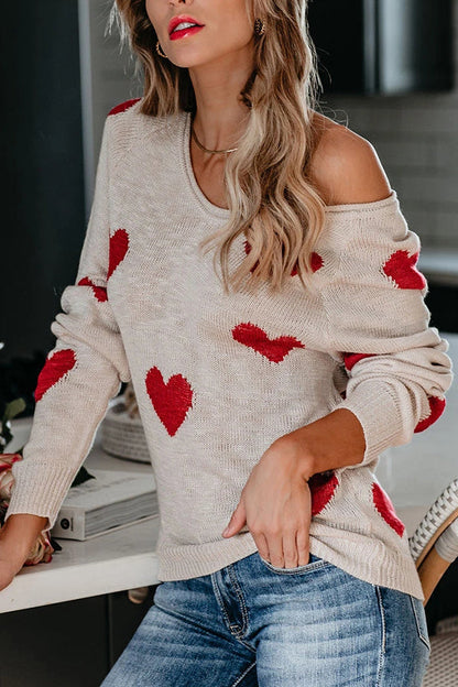 Stylish Color-blocked Heart-patterned Long-sleeved Loose Knit Sweater