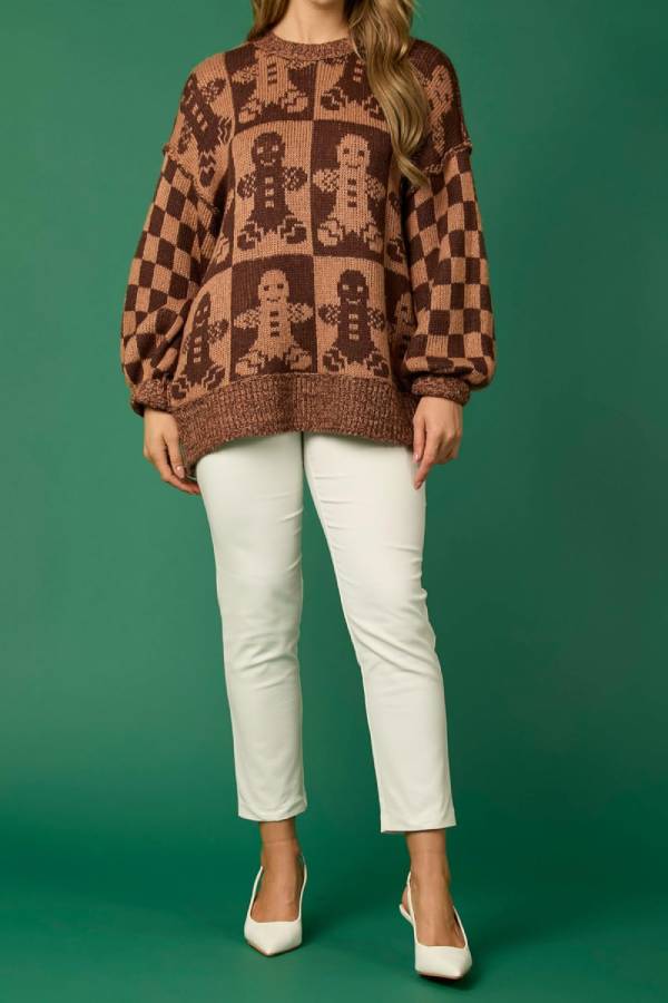 Christmas Gingerbread Man Round Neck Long Sleeve Loose Knit Sweater