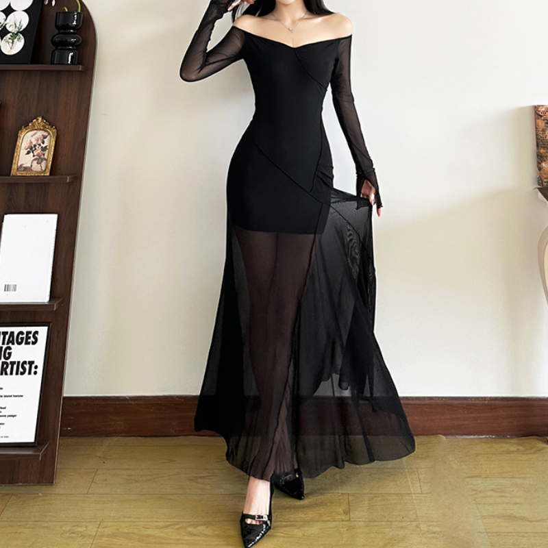 Long sleeve off shoulder mesh ruffle maxi dress