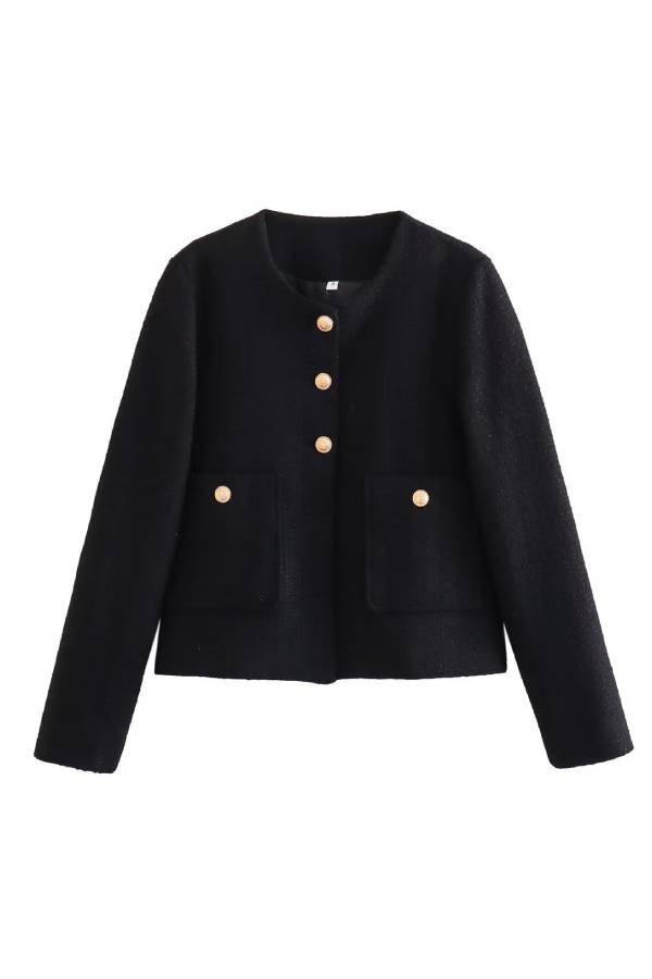 Round Neck Slim Fit Colorblock Women's Button Jacket