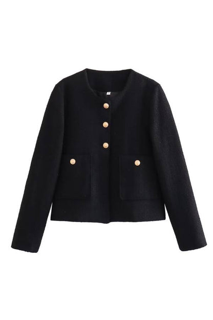 Round Neck Slim Fit Colorblock Women's Button Jacket