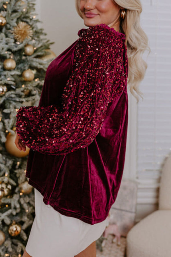 Sequin Patchwork Sleeve Button Up Velvet Top