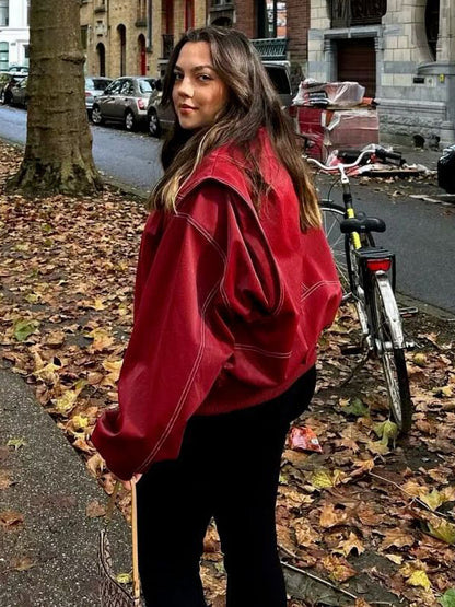 Red PU Leather Jacket Collared Long Sleeves Zipper Daily Casual Jackets