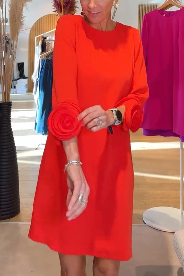 Meina Flower Decorated Cuffs Round Neck Pocket Casual Mini Dress