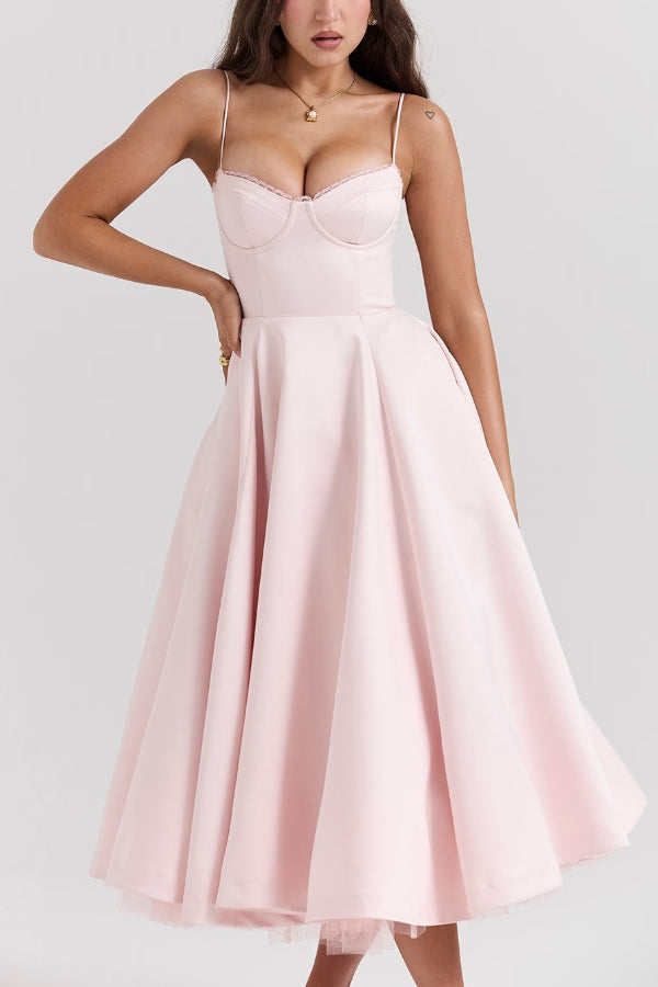 Lace Trim Sweetheart Corset Bodice Tulle Petticoat Fit and Flare Midi Dress