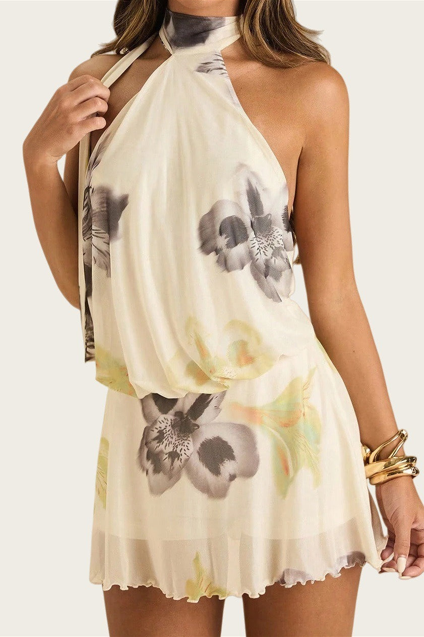 Halter Tie Neck Blouson Ruffle Hem Floral Print Mini Dress