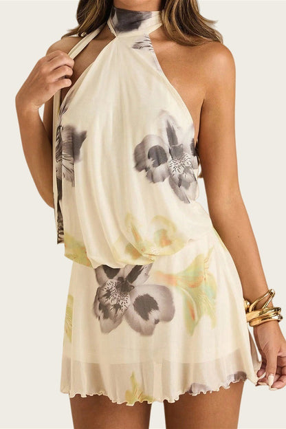 Halter Tie Neck Blouson Ruffle Hem Floral Print Mini Dress