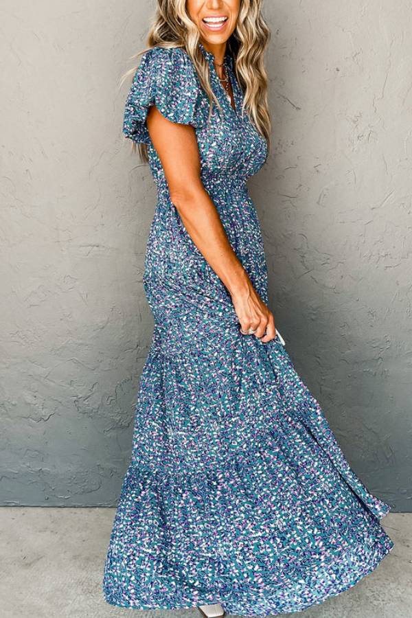 Blue Abstract Print Split V Neck Shirred High Waist Maxi Dress