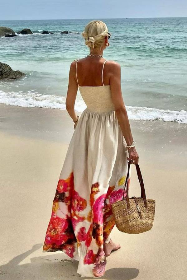 Hidden Garden Satin Floral Print Smocked Tie-up Shoulder Maxi Dress