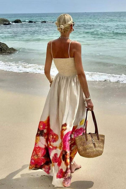 Hidden Garden Satin Floral Print Smocked Tie-up Shoulder Maxi Dress