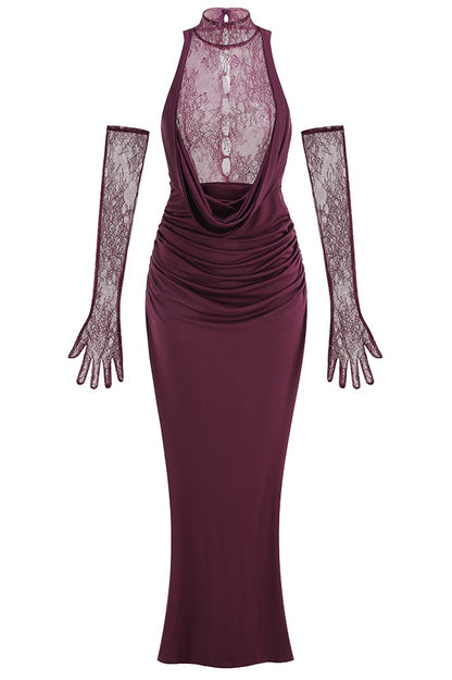 Evelyn Plunging Cowl Lace Bodice Maxi Dress