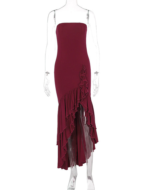 Burgundy Prom Dress Off The Shoulder Ruffles Asymmetrical Elegant Maxi Dresses