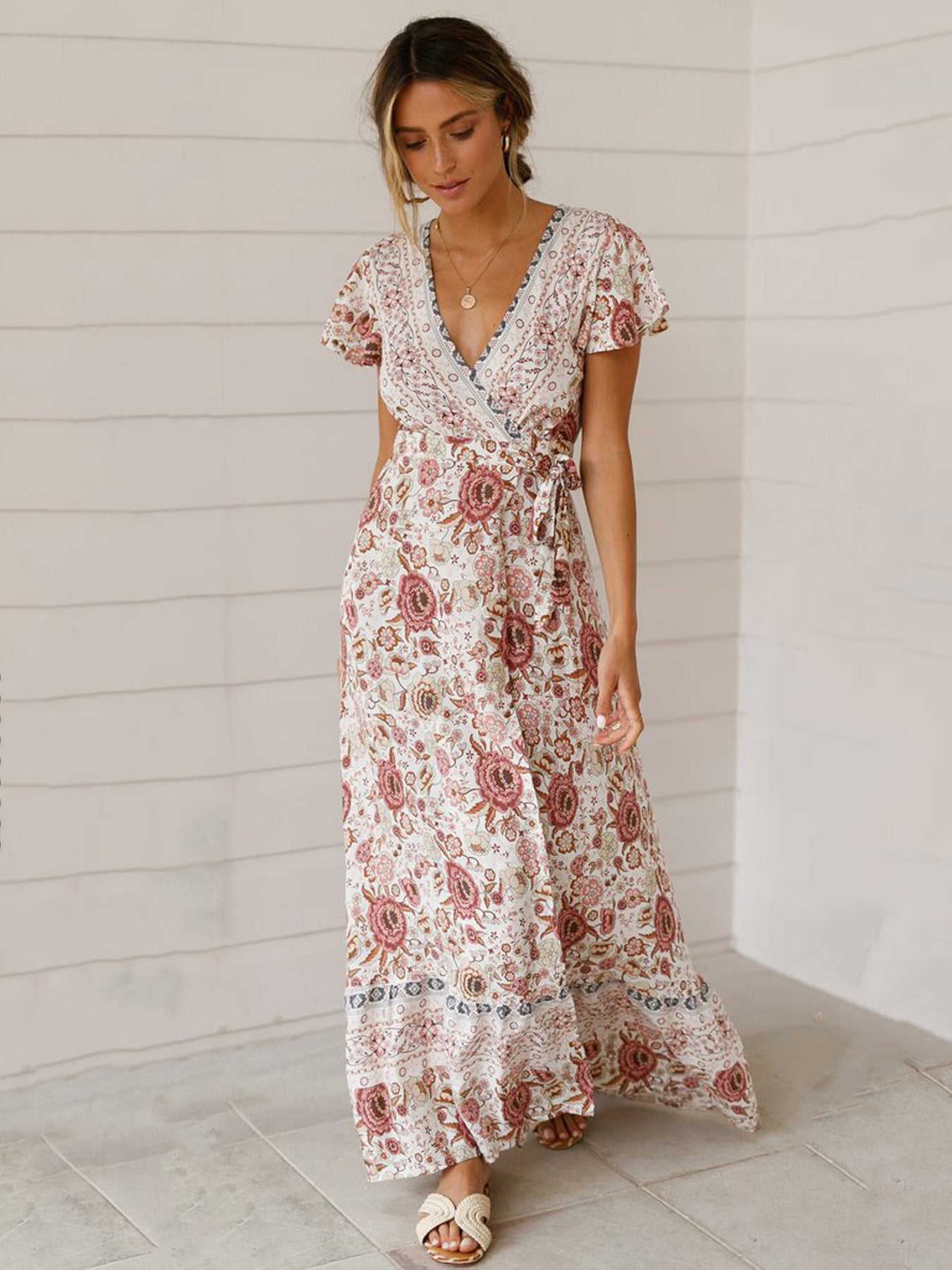 Boho Floral Wrap Maxi Dress For Women - Cream Ethnic Print V Neck Short Sleeve Dress - Summer Beach Vacation 2026
