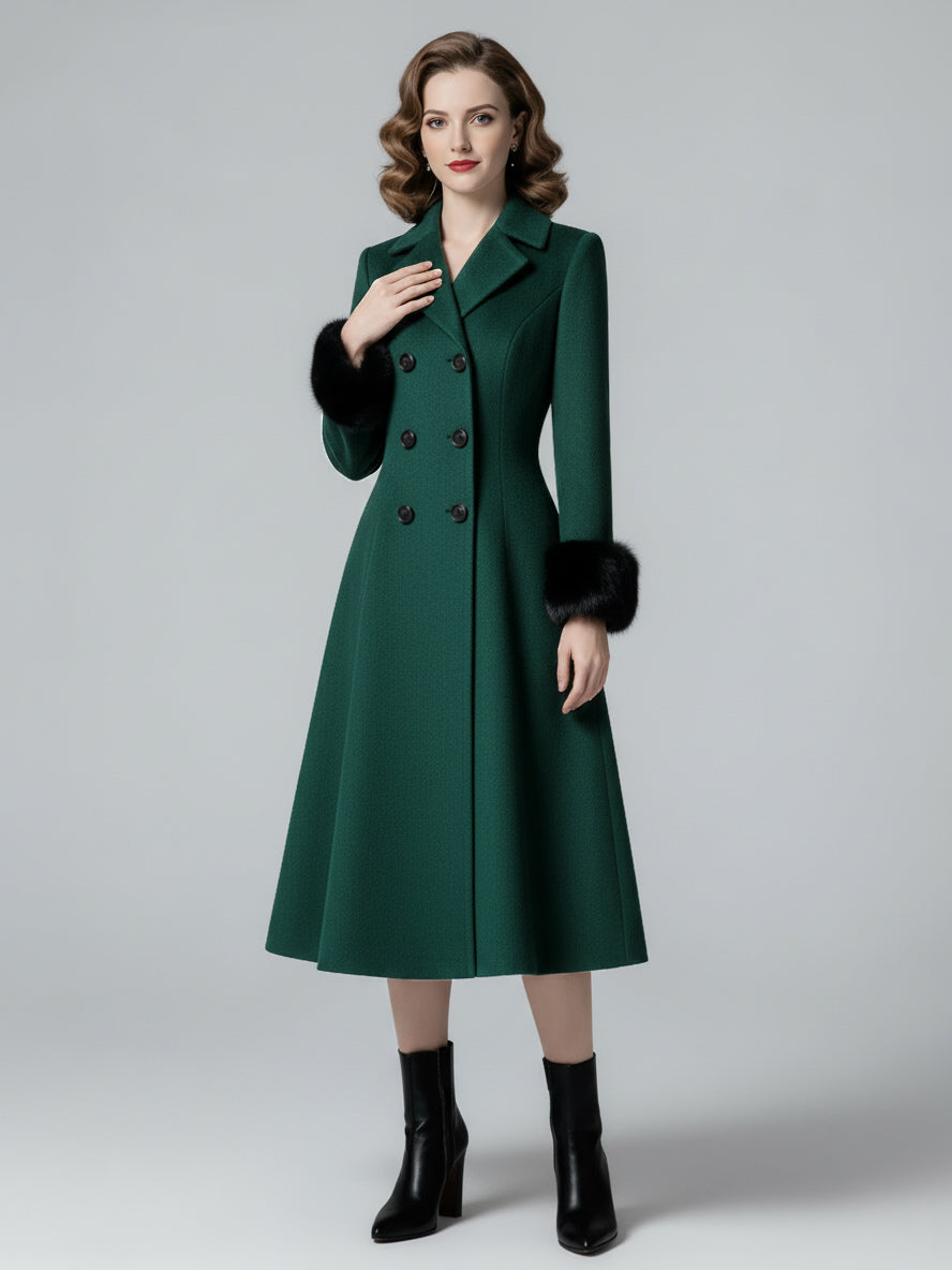 Wool Blend Double-breasted Midi Flared Coat with black Faux Fur Cuffs For Women 2026