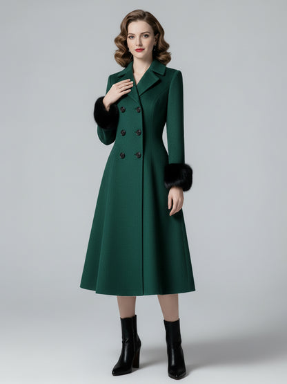 Wool Blend Double-breasted Midi Flared Coat with black Faux Fur Cuffs For Women 2026