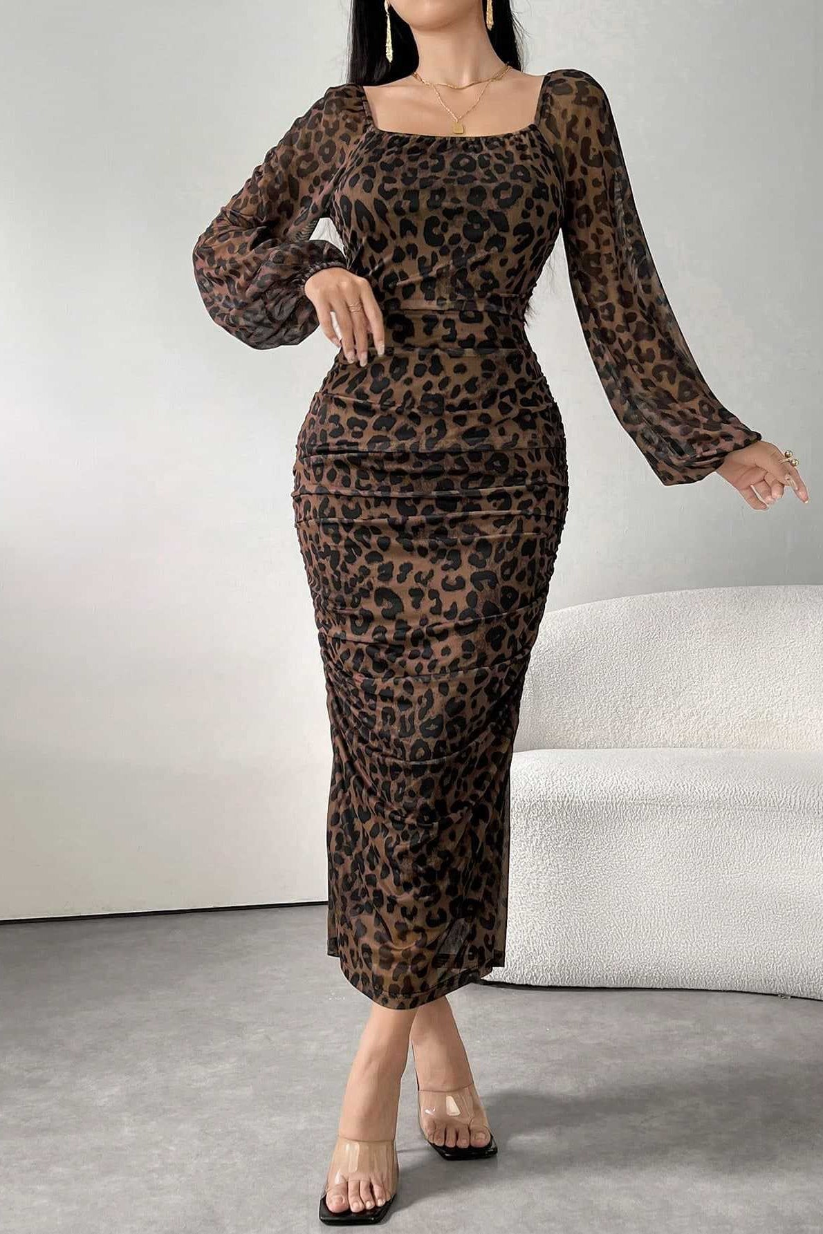 Ruffled Leopard Mesh Long Sleeve Maxi Dress