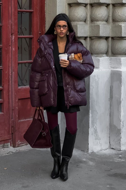 Solid Color Zipped Hooded Puffer Jacket