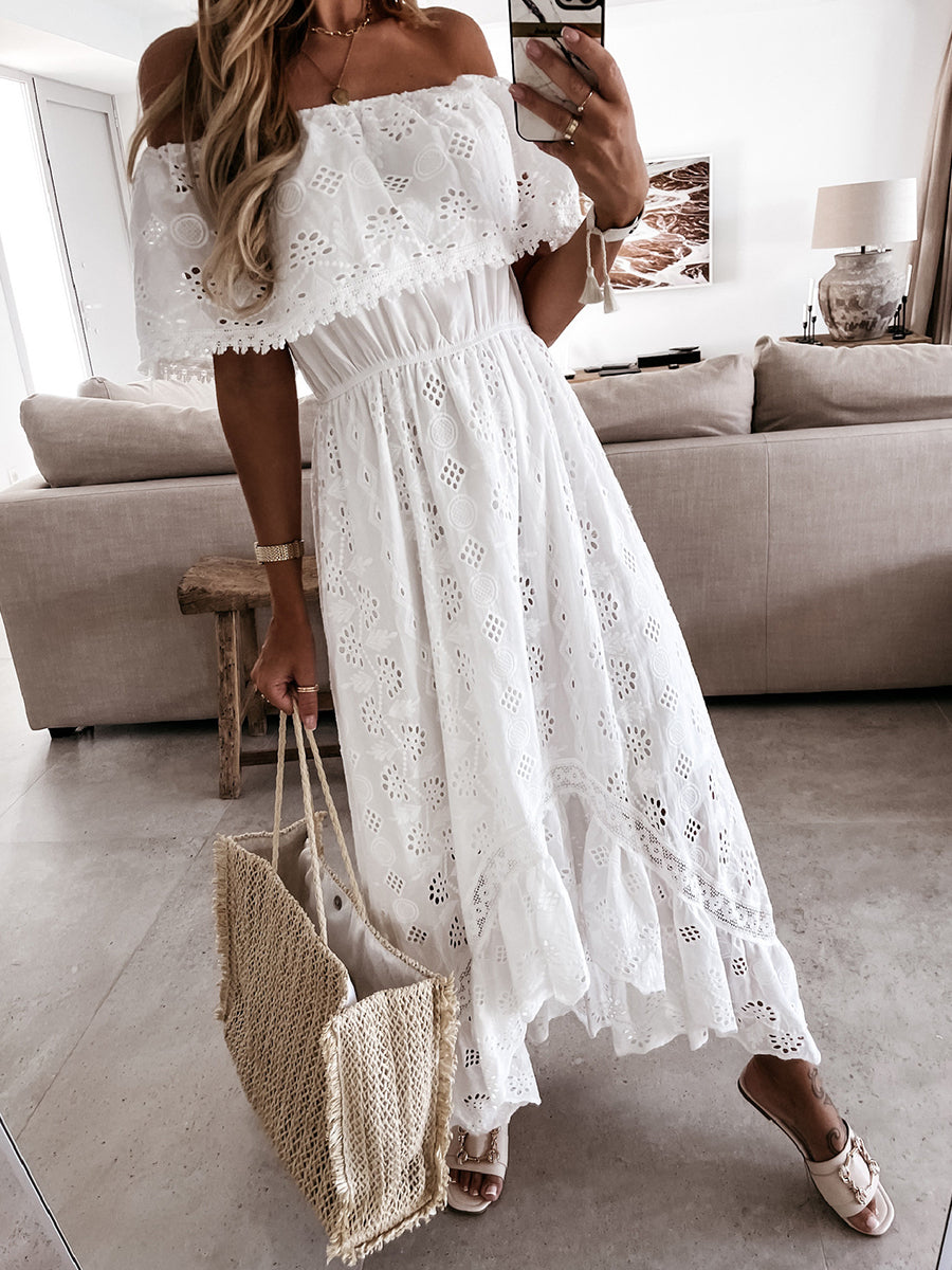 Off Shoulder Eyelet Embroidery Dip Hem Dress