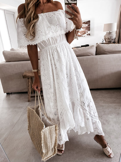 Off Shoulder Eyelet Embroidery Dip Hem Dress