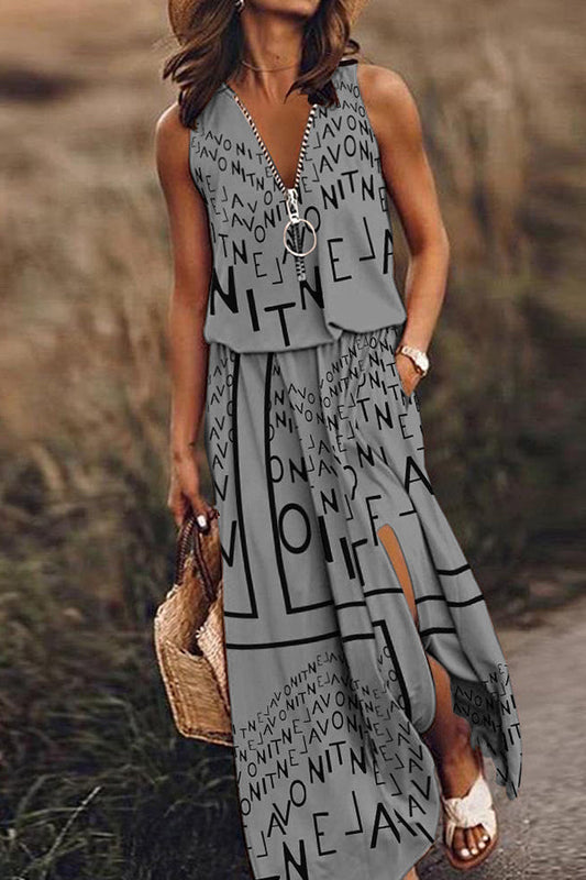 Sleeveless long dress casual women's waist zipper letter dress