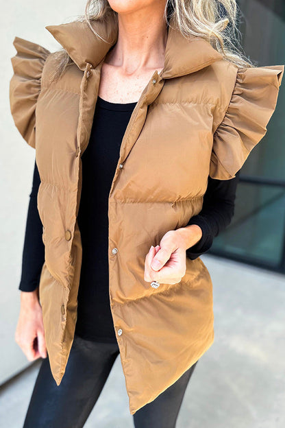 Casual stand-up collar, buttoned double pockets, flying ruffled sleeves vest