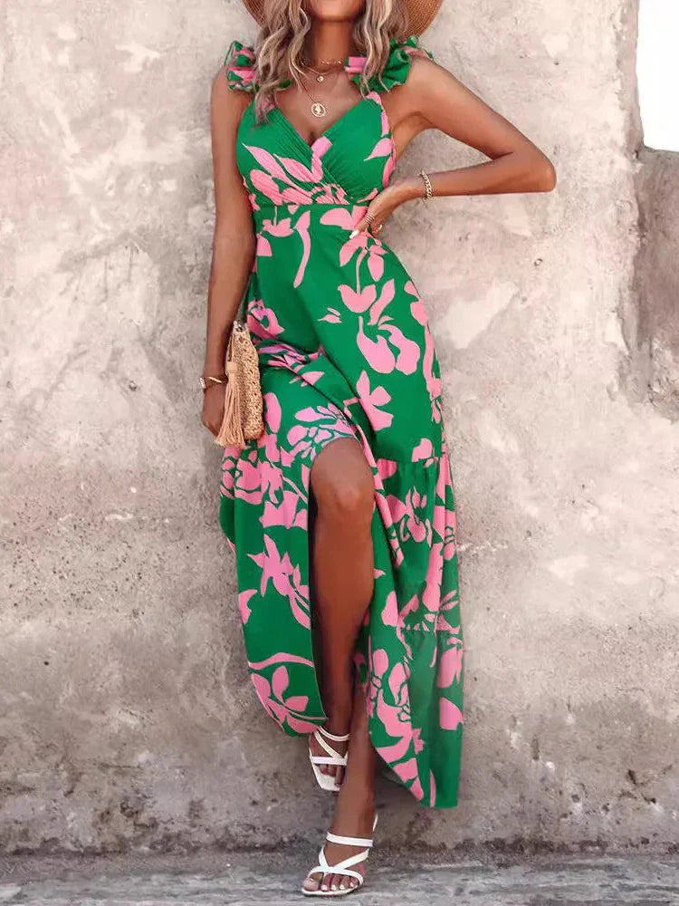 V neck Pleated Ruffle Swimsuit & Skirt Coord Set