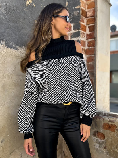 Pullovers For Women Black Color Block Jewel Neck Long Sleeves Open Shoulder Acrylic Sweaters
