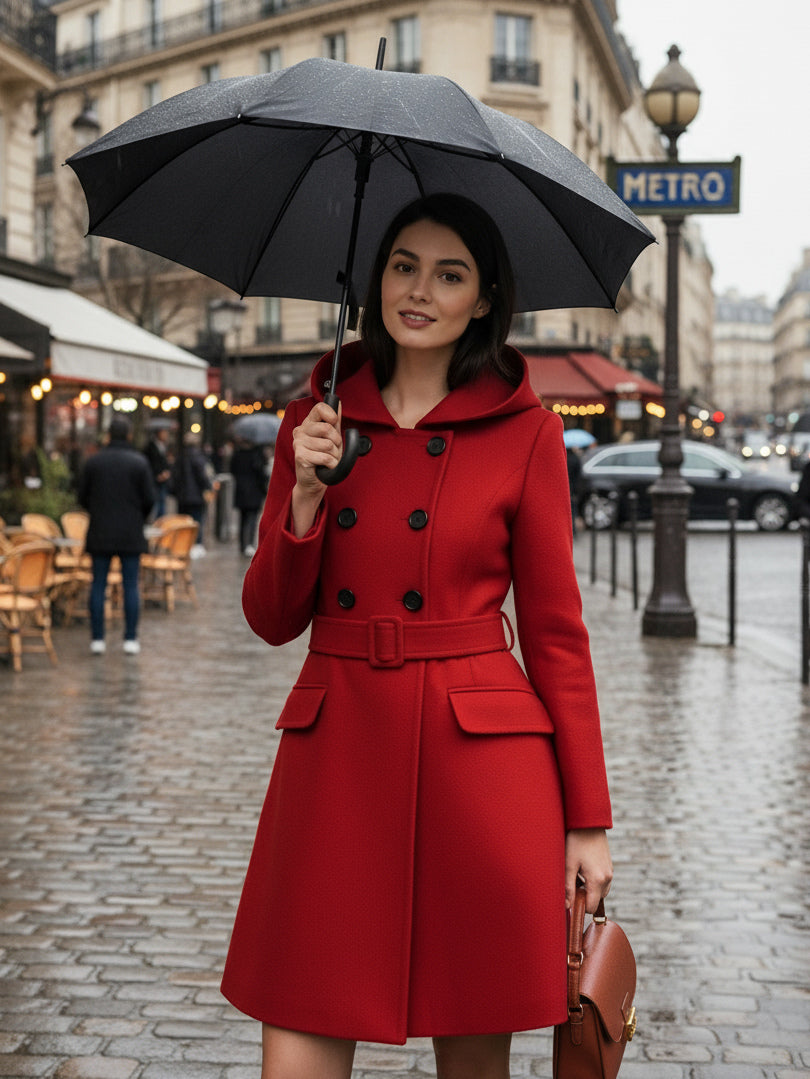 Hooded A-Line Midi Coat With Double-Breasted Design And Belt For Women 2026