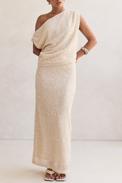 Milla Knit Sequin High Rise Side Zipper Slit Straight Maxi Skirt