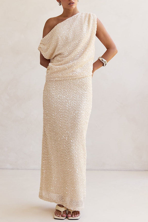 Milla Knit Sequin Asymmetrical Neck Draped Loose Top