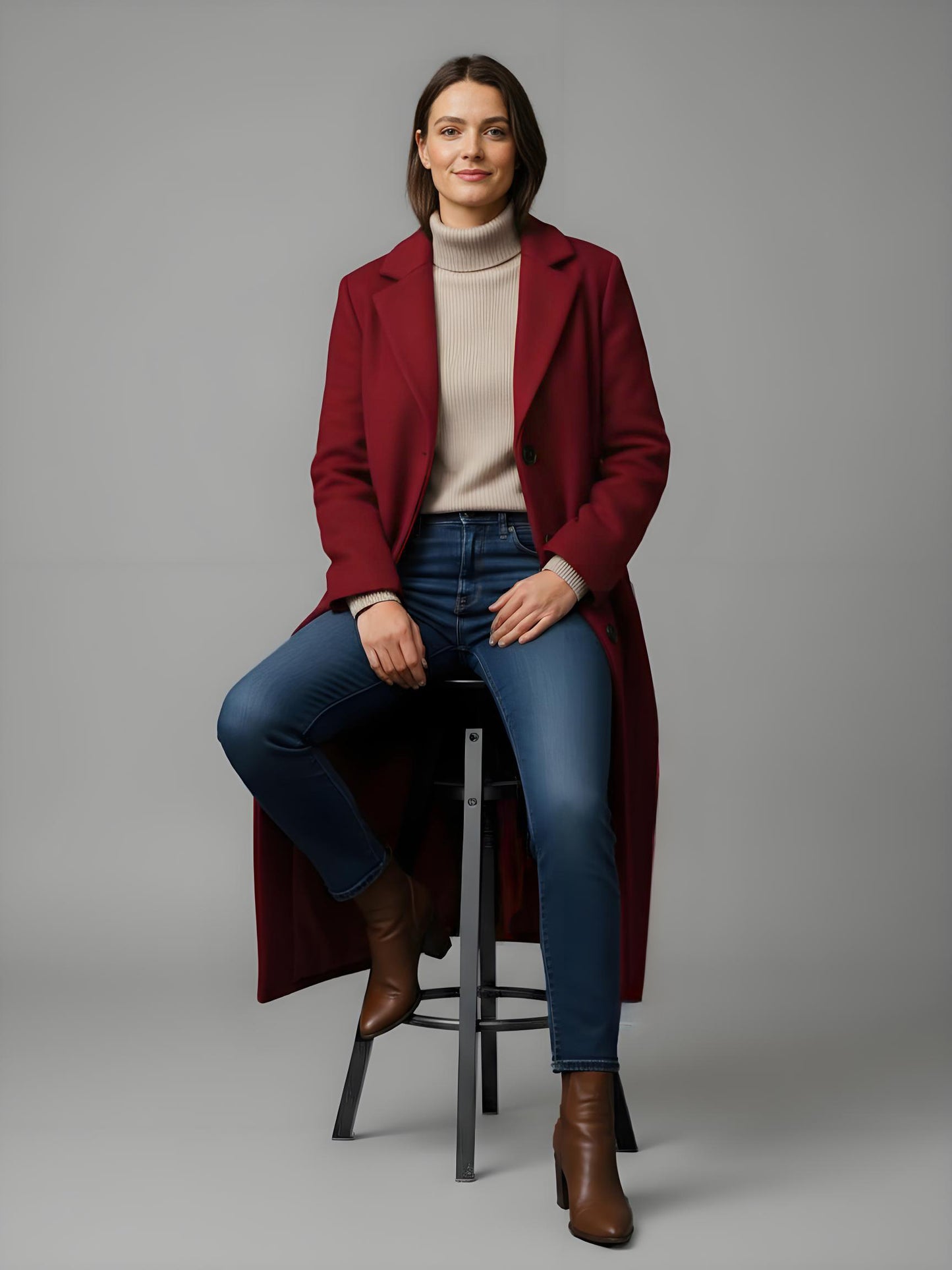 Woolen Long Straight Coat With Single-Breasted And Classic Notch Lapel For Women 2026