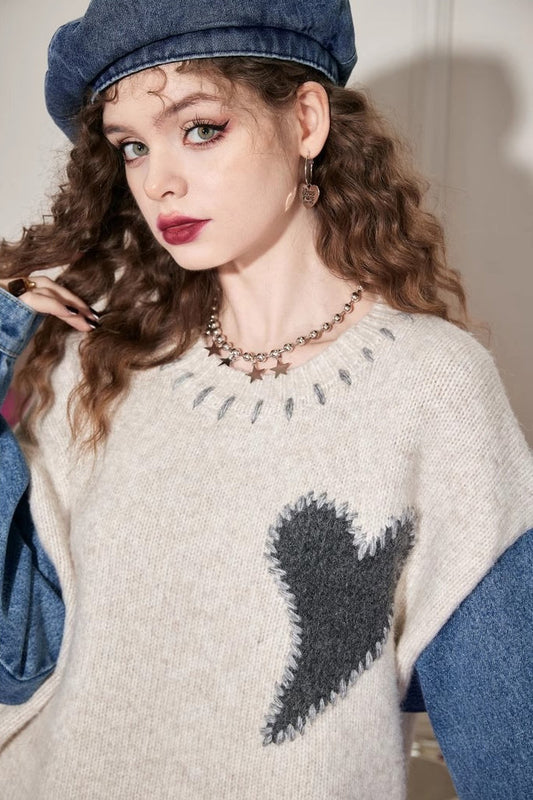 Denim Panel Mid Length Relaxed Sweater