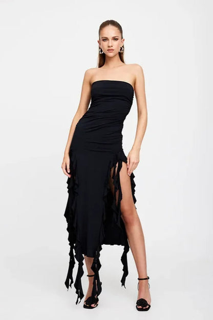 Strapless Ruched Double High-Slit Cascading Ruffle Trim Bodycon Maxi Dress