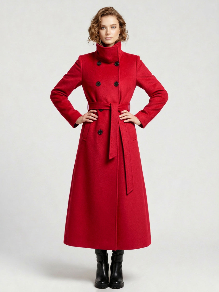 Belted Long Woolen coat with Double-breasted and high collar For Women 2026