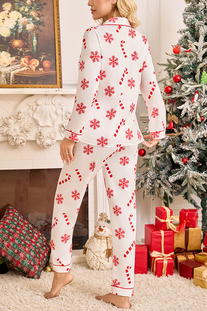 Snowflake Candy Print Casual Long-sleeved Shirt and Elastic Waist Pants Set