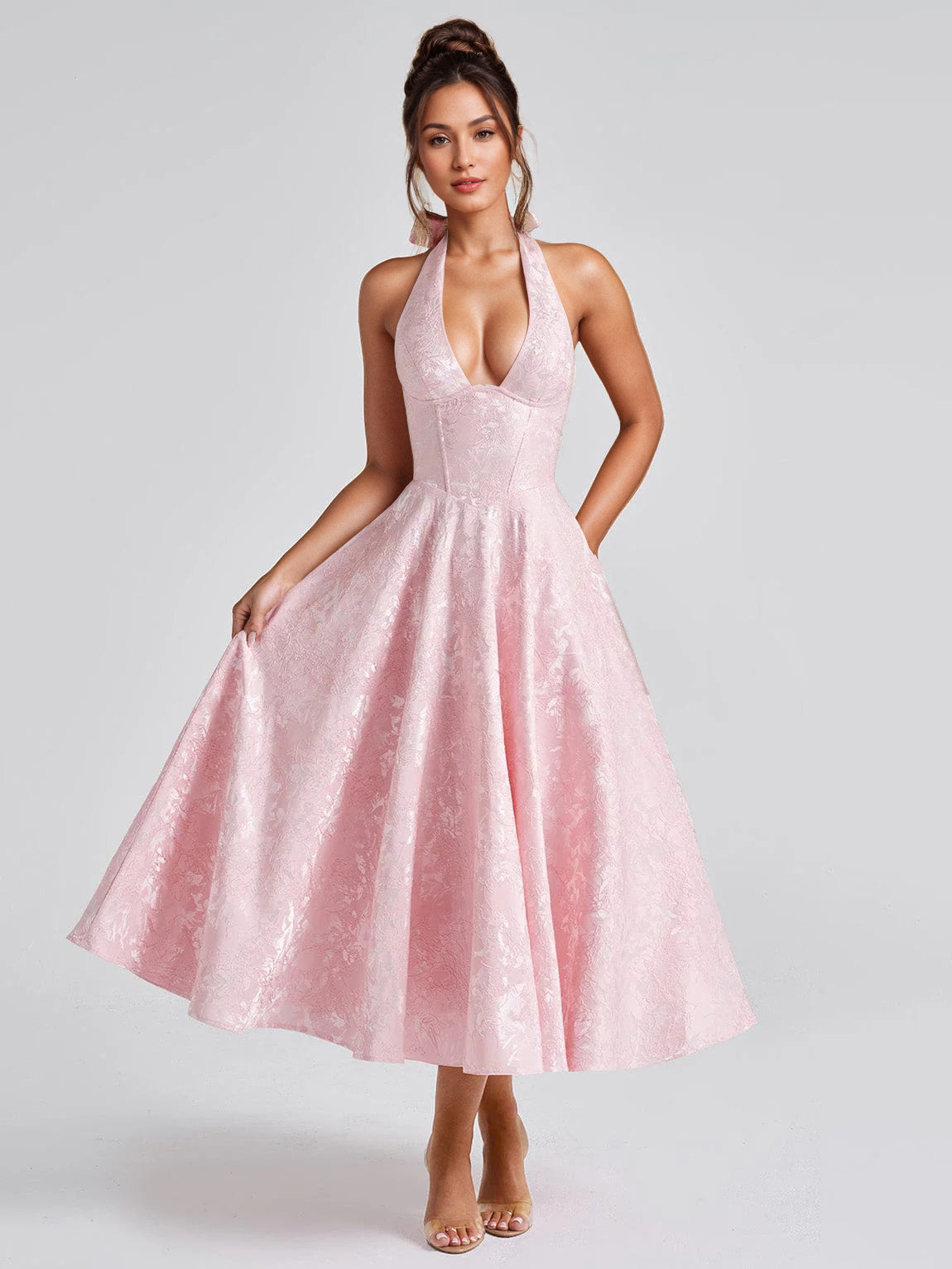 Soft Pink Floral Midi Dress Halter Summer A-line Vintage Dress For Women 2026