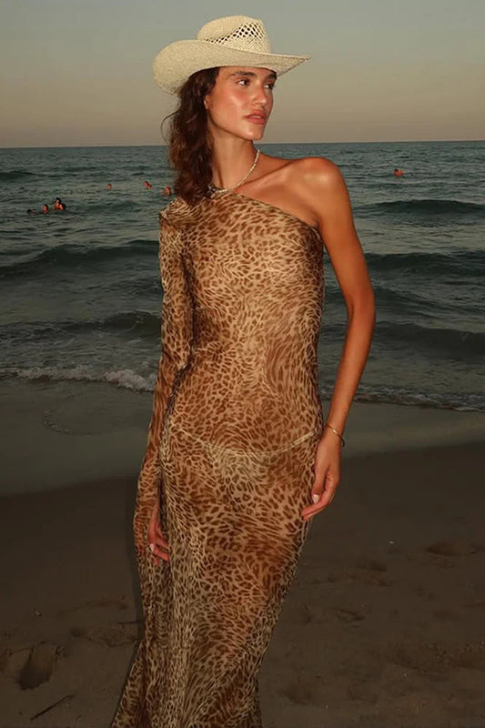 Leopard Print Sexy Spice Girl Slanted Shoulder Maxi Dress