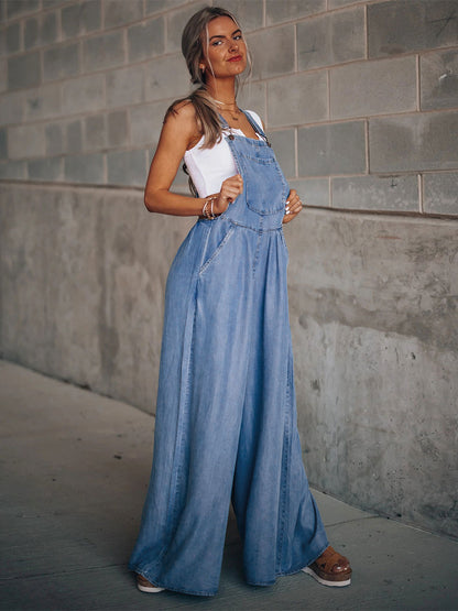Deep Blue Sleeveless Buttons Convertible Denim Wide Summer Playsuit