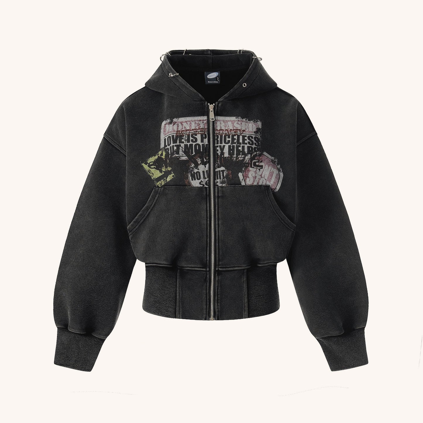Heavy Washed Distressed Letter Print Zip Hoodie
