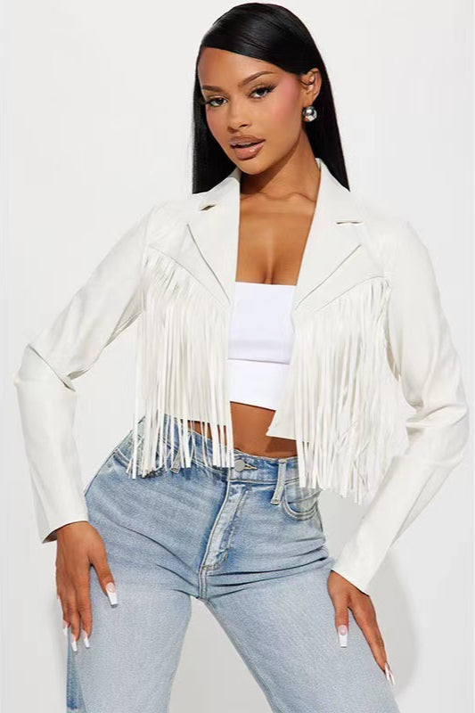 Fringe Trim Faux Leather Cropped Jacket