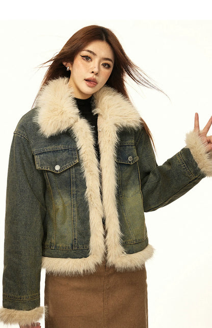 Vintage Fur-Lined Denim Winter Jacket