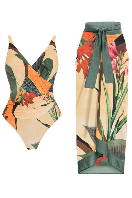 Backless Printed One Piece Swimsuit  Set
