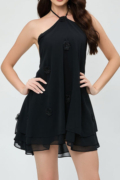 3D Floral Chiffon Halter Cocktail Dress