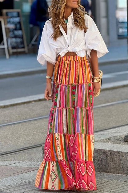 Color Block Ethnic Style Retro Long Skirt