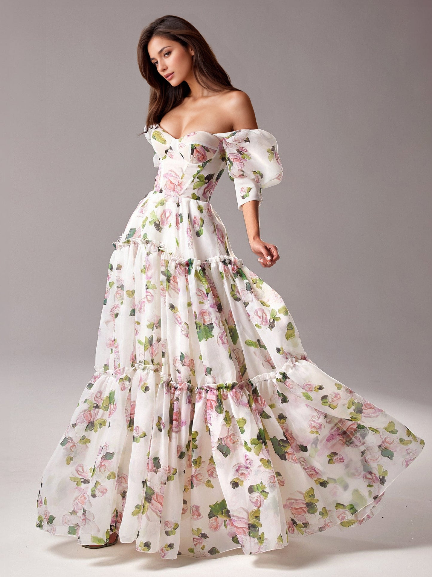Party Dress Floral Off The Shoulder Tiered A-Line Elegant Prom Maxi Folklore Dresses